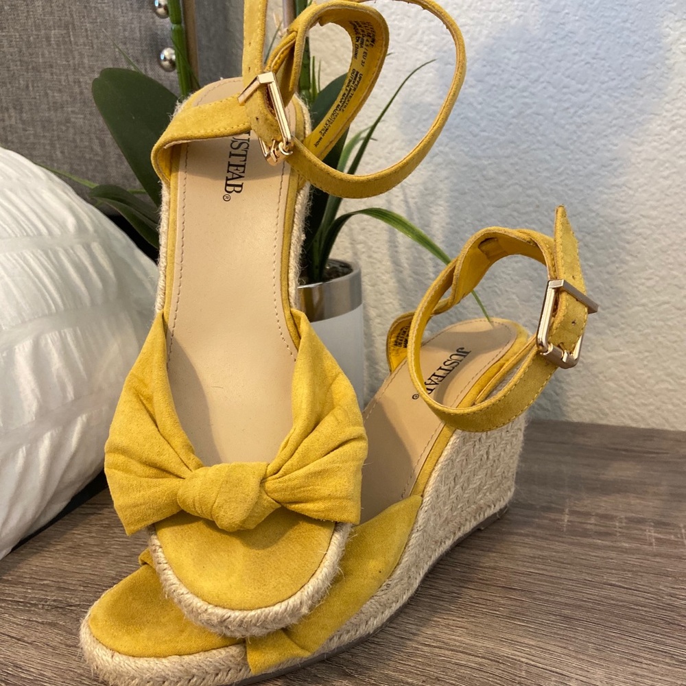 JustFab Yellow knot espadrille wedges. 6.5.